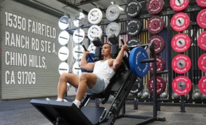 man works out on a leg press machine with weight plates in the background