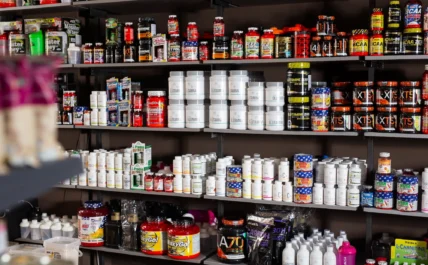 supplement containers on the shelves