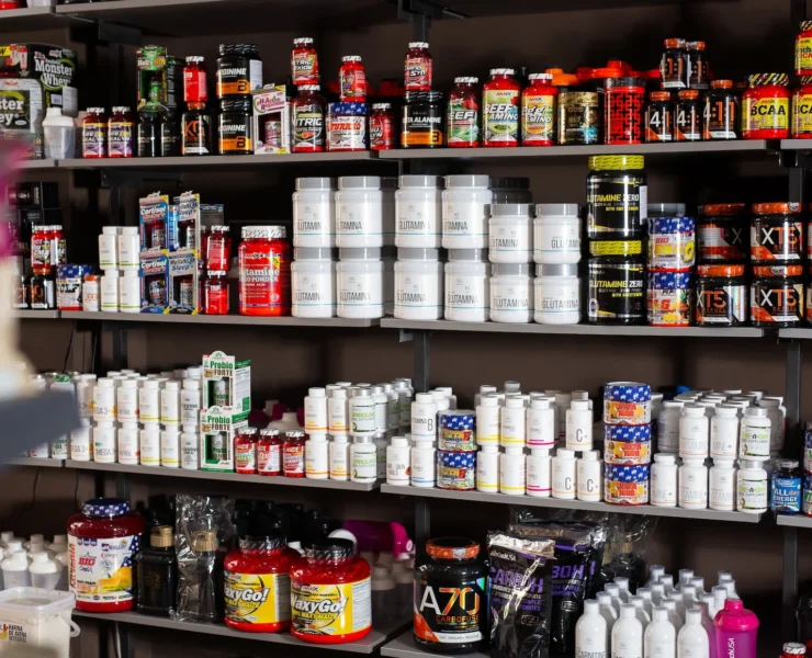 supplement containers on the shelves