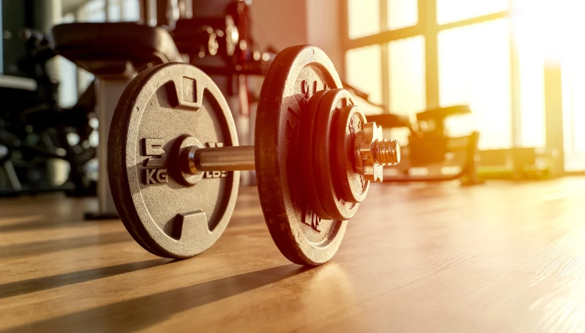 dumbbell on the floor inside a gym
