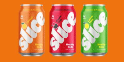 a collage of Slice soda cans