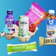 a collection of different protein items including shakes, bars, chips, and drinks