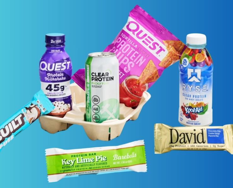a collection of different protein items including shakes, bars, chips, and drinks