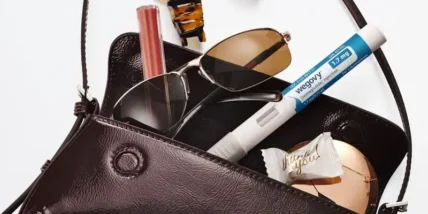 A woman's bag with items in it, including a GLP-1 shot.