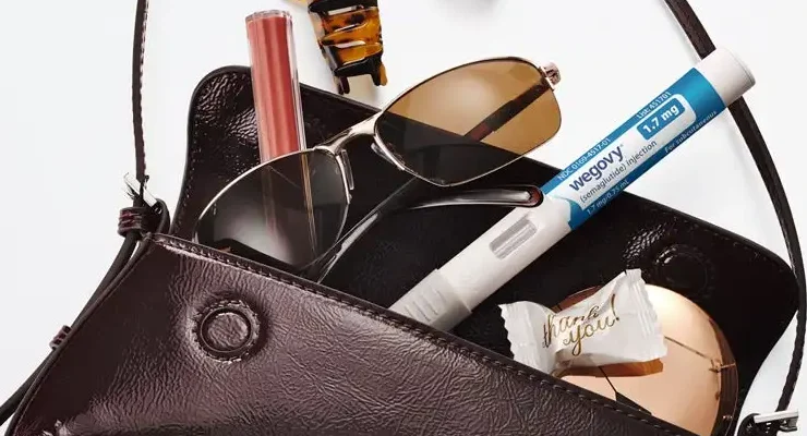 A woman's bag with items in it, including a GLP-1 shot.