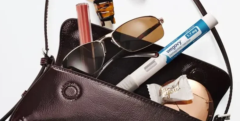 A woman's bag with items in it, including a GLP-1 shot.