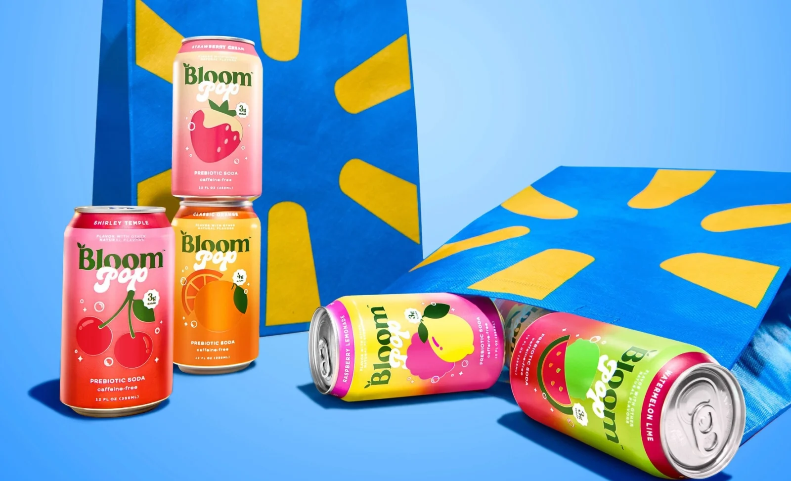 Bloom soda cans displayed next to Walmart bags