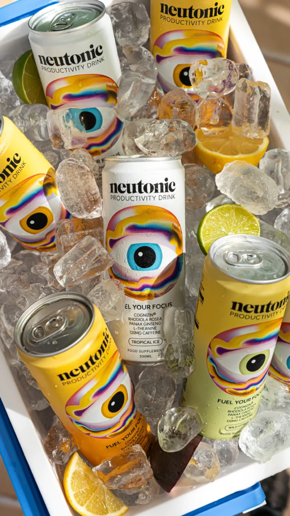 Cans of Neutonic in a cooler.