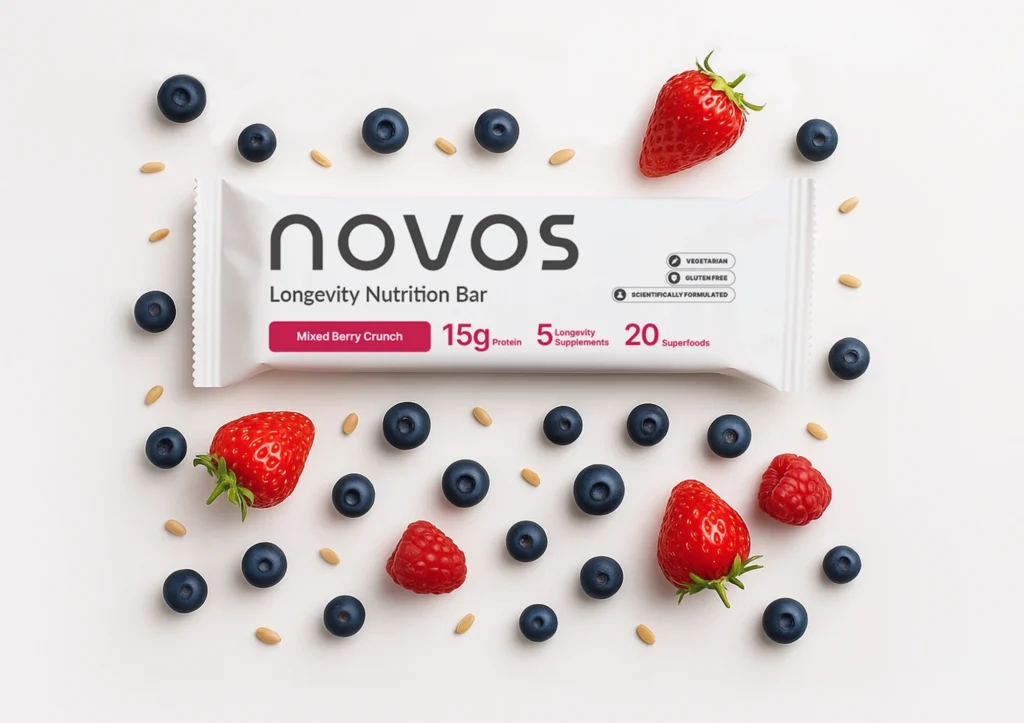 Berry-flavored Novos longevity bar in packaging