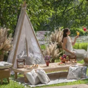 A couple at a glamping site.