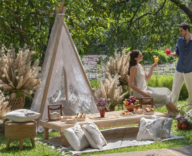 A couple at a glamping site.