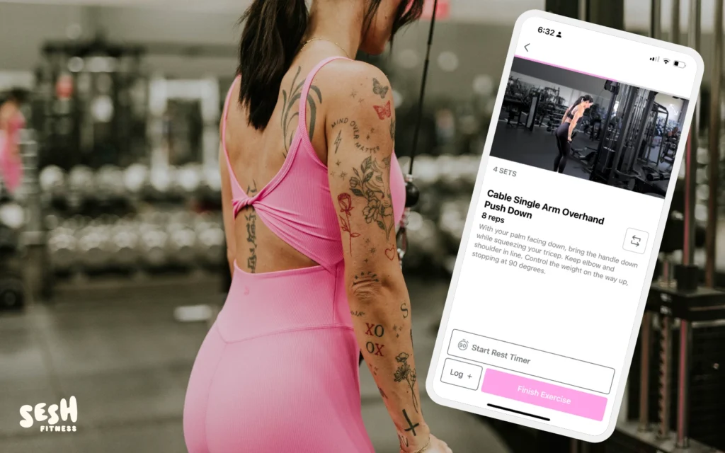 A woman with tattoos using the Sesh app.