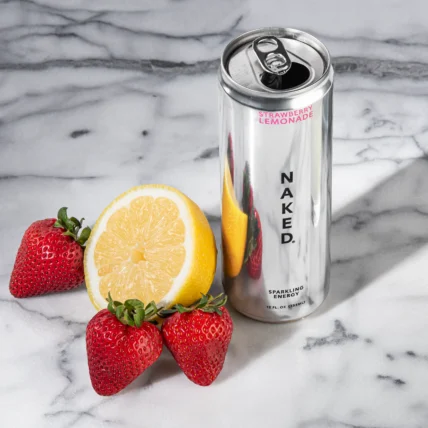 a can of Naked Sparking Energy alongside a lemon and strawberries.