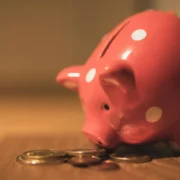A pink piggy bank and a pile of coins