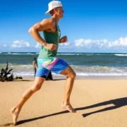 man runs on the beach in an iFIT workout video