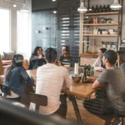 People at work in a staff meeting.