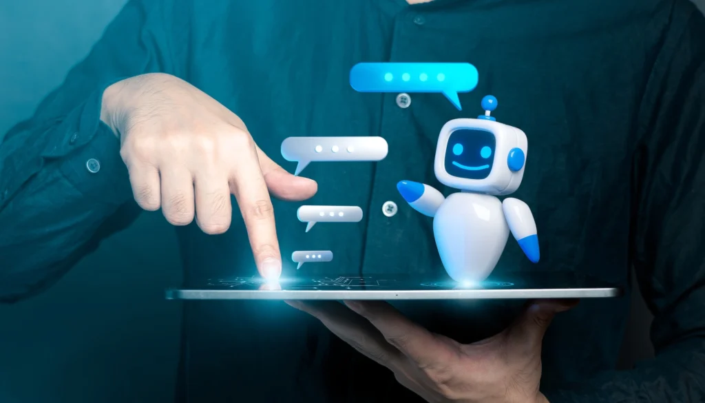 man uses a tablet with interactive robot graphics