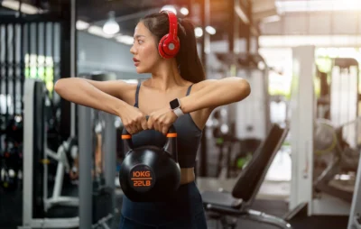 woman work out with a kettlebell and headphones on