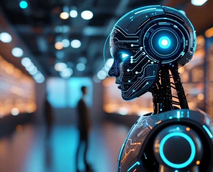 humanoid looks on with a human in the distance