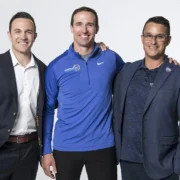 Drew Brees poses with Stretch Zone's Tony Zaccario and Jorden Gold