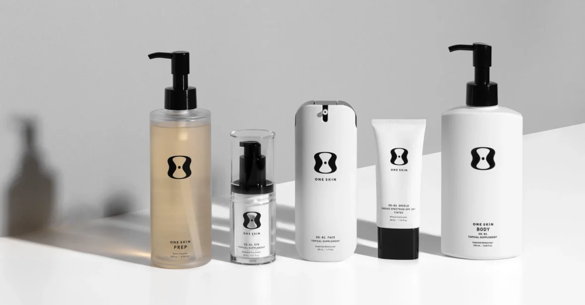 A line-up of skin longevity products from OneSkin.