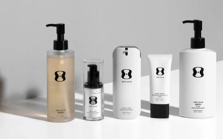 A line-up of skin longevity products from OneSkin.