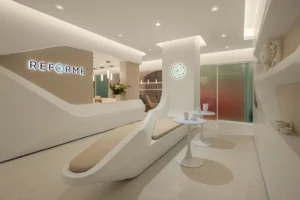 The whit interior of Reforme, a new wellness studio in NYC.