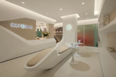 The whit interior of Reforme, a new wellness studio in NYC.