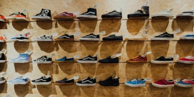 sneakers on wall at store