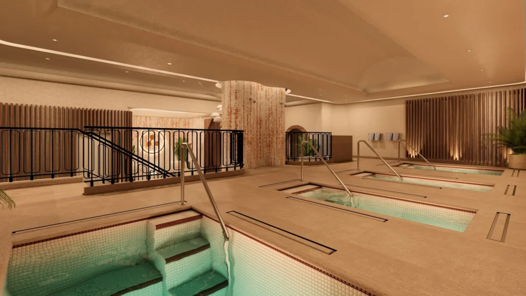 rendering of pools and hot tubs inside Anatom's Aventura club