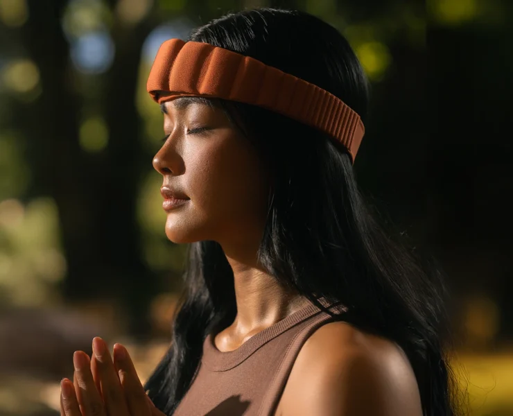 woman wears a Somnee headband