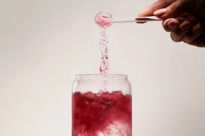 woman pours supplement powder into a drink
