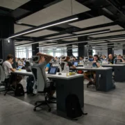 corporate office with employees sitting at desks