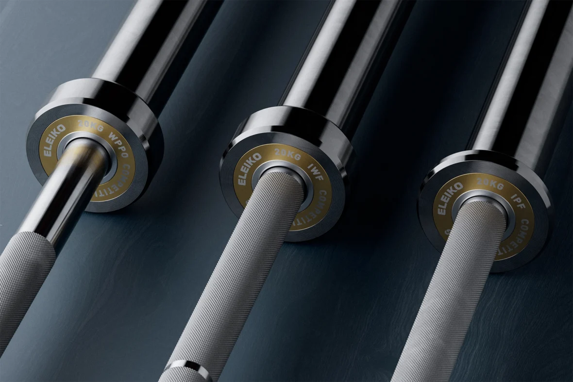 close up of three Eleiko barbells