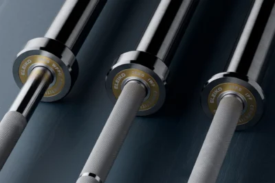 close up of three Eleiko barbells