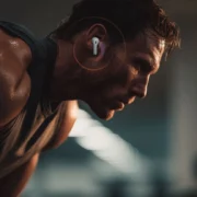man wears headphones during a workout