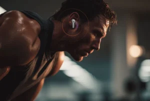 man wears headphones during a workout