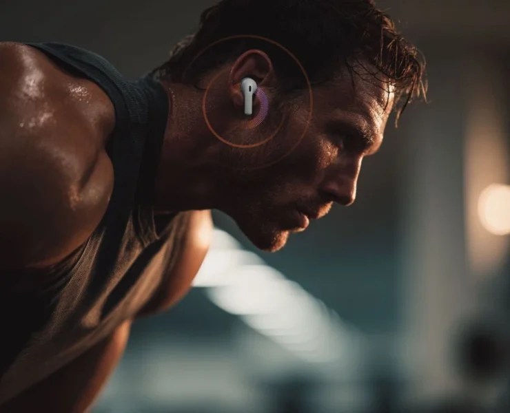 man wears headphones during a workout