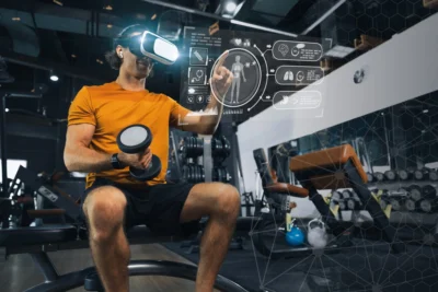graphic shows man interacting with virtual tech at the gym