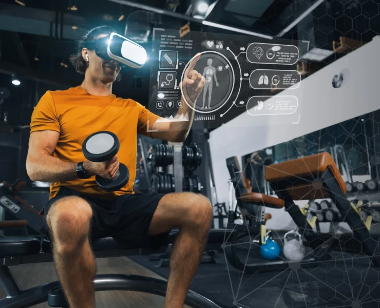 graphic shows man interacting with virtual tech at the gym