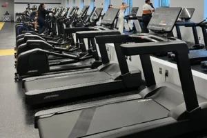 Life Fitness treadmills inside a college gym
