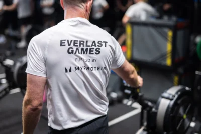 man wears co-branded t-shirt from Everlast Gyms and Myprotein