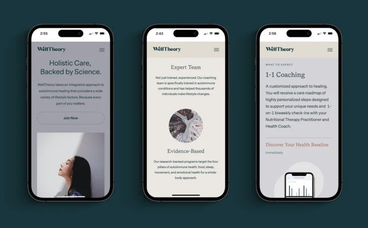 phone screens display the WellTheory app