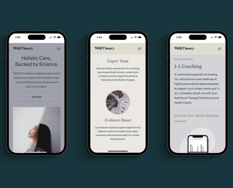 phone screens display the WellTheory app