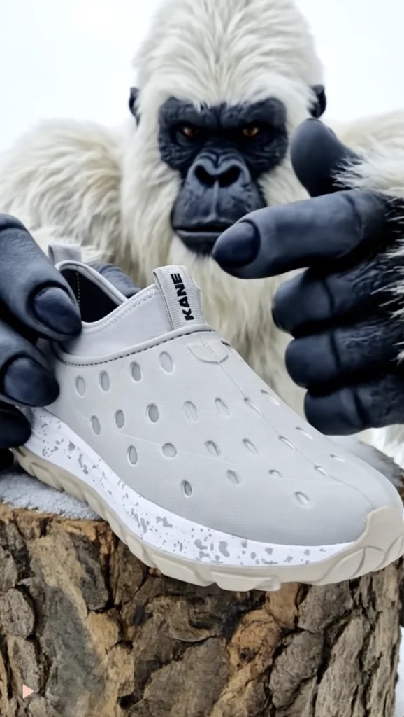 Yeti boo holds a Kane shoe