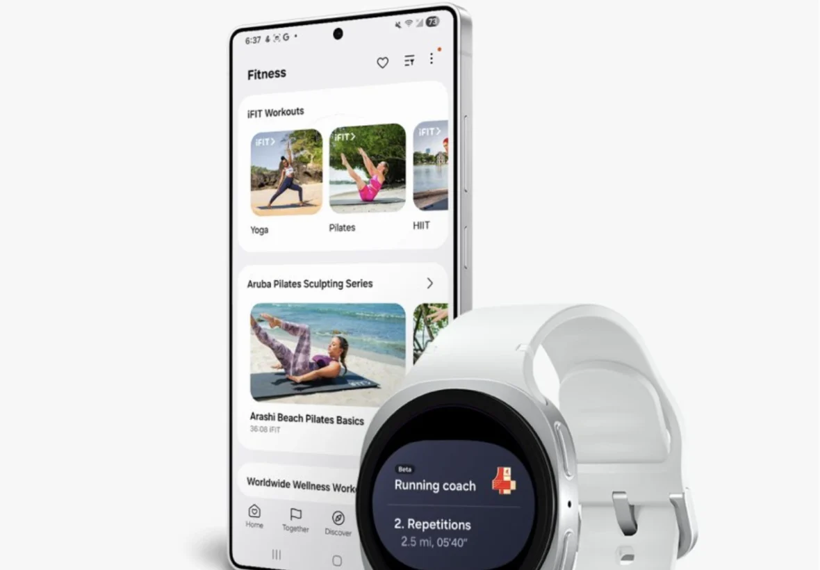 a smartphone and smartwatch display iFIT content
