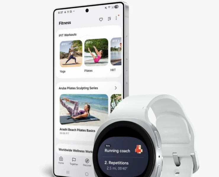 a smartphone and smartwatch display iFIT content