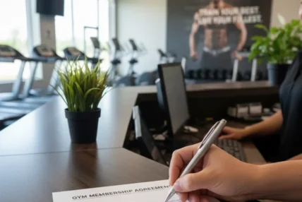 Person signing a gym membership contract at a fitness center front desk with cardio equipment in the background.