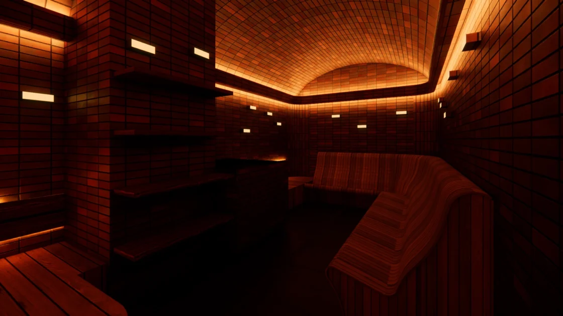 rendering of a sauna inside Othership