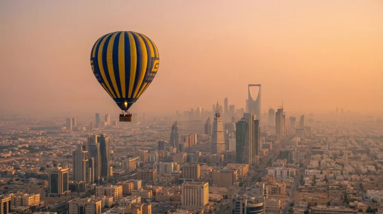 A hot air balloon floats above Riyadh’s skyline at sunrise, with modern skyscrapers emerging through a warm, hazy sky.